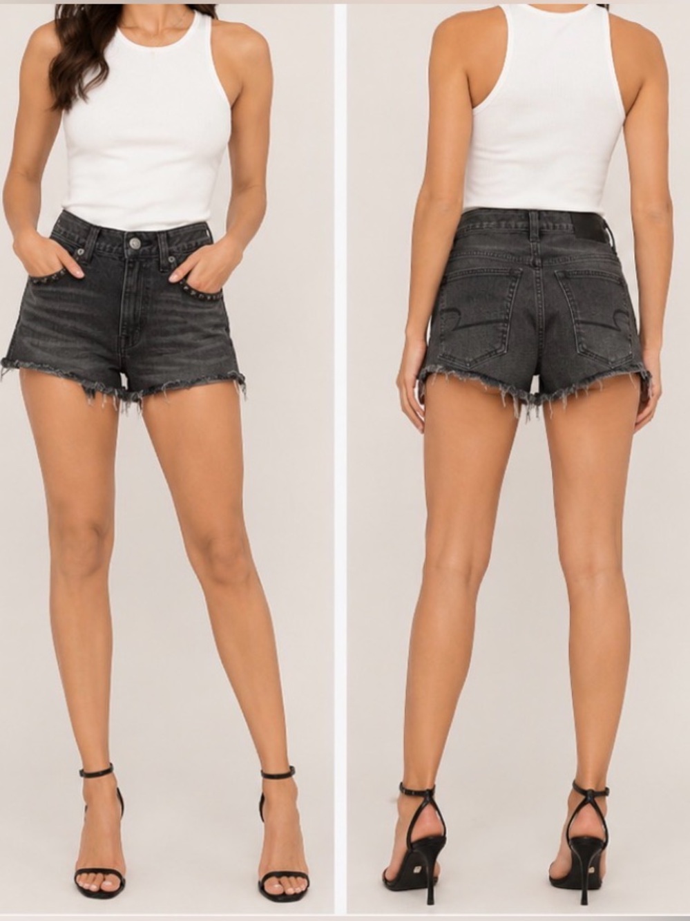American Eagle Outfitters Black Distressed Denim Shorts with Stud Trim
